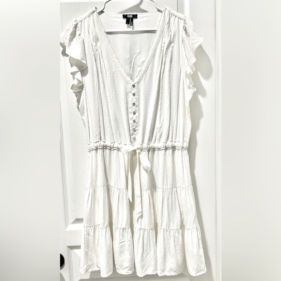 Paige Rosalee Drawstring Mini Dress w Flutter Sleeves & Scalloped V-neck - Picture 2 of 11